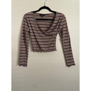 VTG Y2K 90s Poof! Striped Ribbed Lettuce Hem Long Sleeve‎ Crop Top Faux Wrap S
